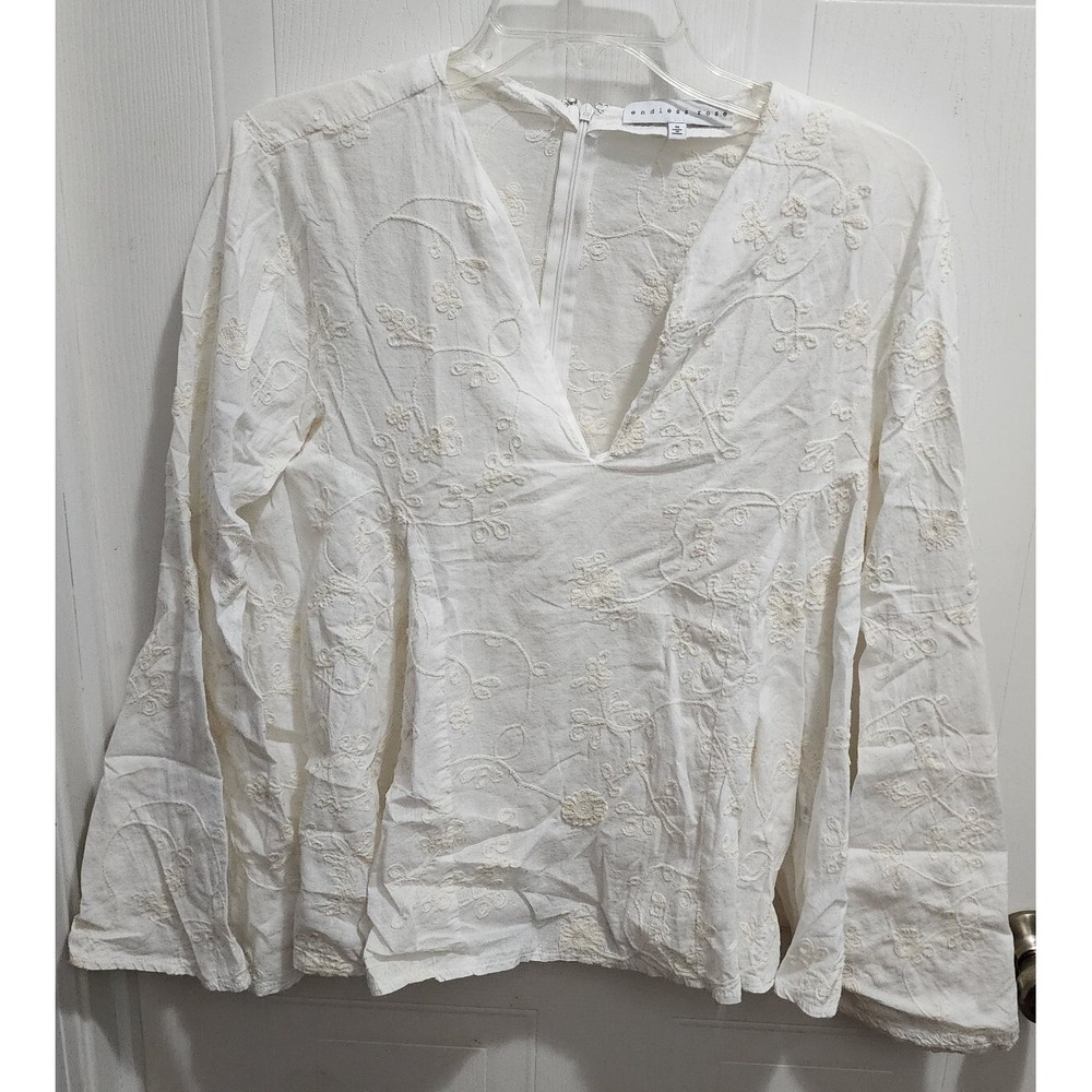 Endless Rose Blouse Long Bell Sleeve Floral Embroidered Off White Size Medium